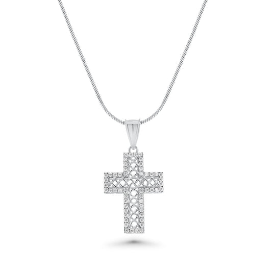 Rhodium Plated 925 Sterling Silver Moissanite Rope Design Cross Pendant - MGMP00006
