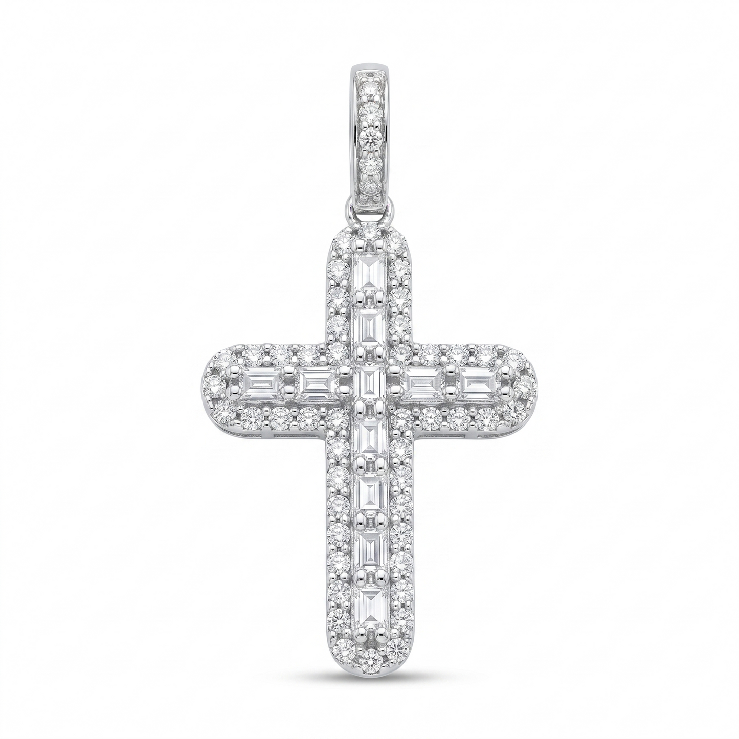 Rhodium Plated 925 Sterling Silver Moissanite Multi Color Bagguette Pave Cross Pendant - MGMP00011