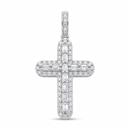 Rhodium Plated 925 Sterling Silver Moissanite Multi Color Bagguette Pave Cross Pendant - MGMP00011