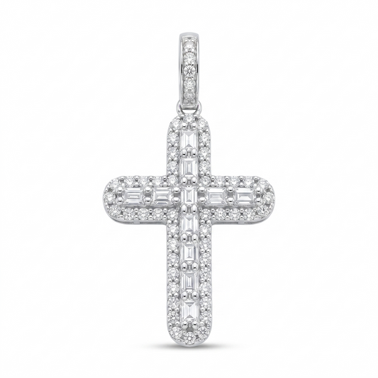 Rhodium Plated 925 Sterling Silver Moissanite Multi Color Bagguette Pave Cross Pendant - MGMP00011