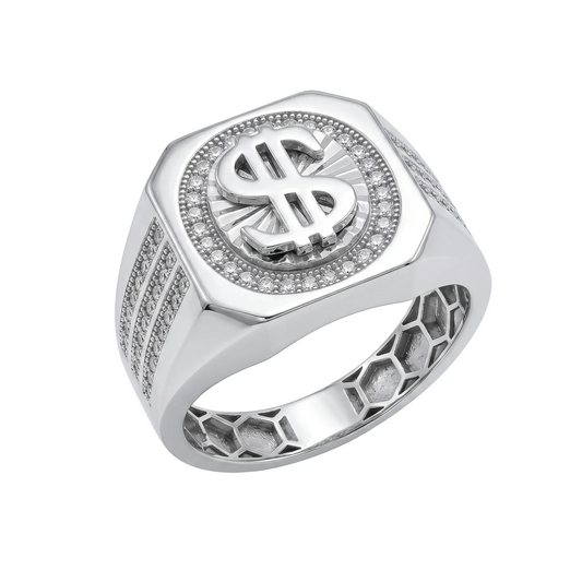Rhodium Plated 925 Sterling Silver Moissanite Men's Dollar Sign Pave Halo Ring - MGMR00044