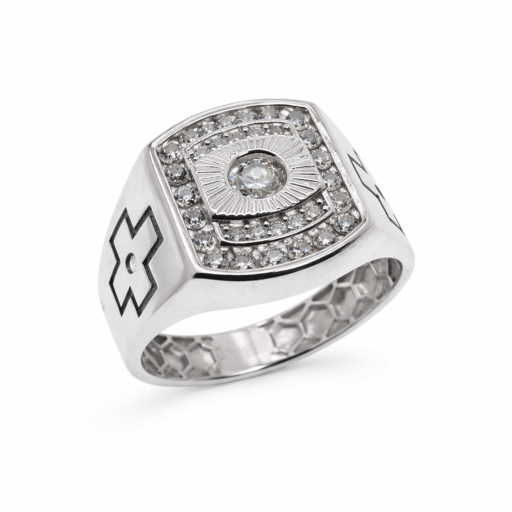 Rhodium Plated 925 Sterling Silver Moissanite Square Halo Men's Statement Ring - MGMR00046