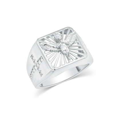 Rhodium Plated 925 Sterling Silver Men's Moissanite Angel Radiant Signet Cross Accent Ring - MGMR00048