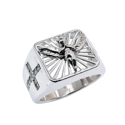 Rhodium Plated 925 Sterling Silver Men's Moissanite Angel Radiant Signet Cross Accent Ring - MGMR00048
