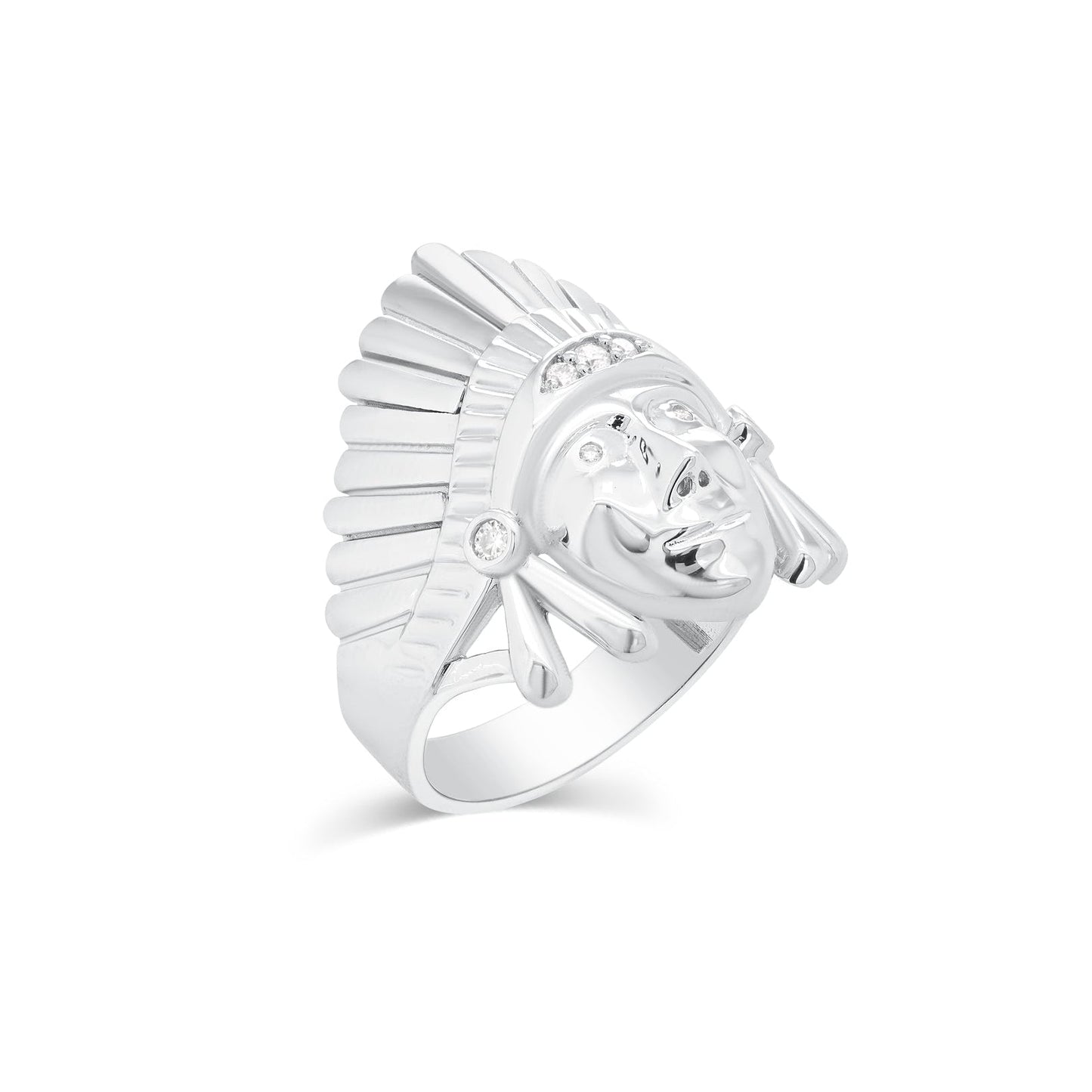 Rhodium Plated 925 Sterling Silver Men's Moissanite Native Chief Head Ring - MGMR00051
