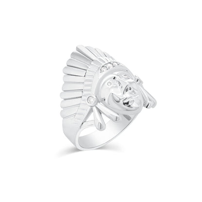 Rhodium Plated 925 Sterling Silver Men's Moissanite Native Chief Head Ring - MGMR00051