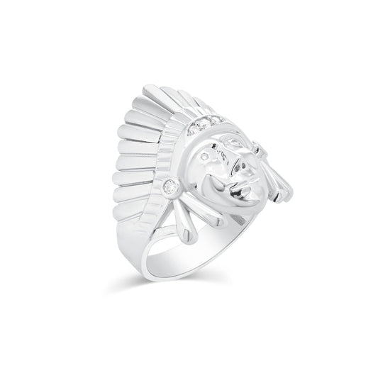 Rhodium Plated 925 Sterling Silver Men's Moissanite Native Chief Head Ring - MGMR00051