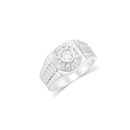 Rhodium Plated 925 Sterling Silver Men's Moissanite Radiant Sunburst Signet Ring - MGMR00052