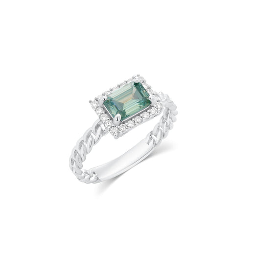 Rhodium Plated 925 Sterling Silver Moissanite Emerald Halo Setting Braided Ring - MGMR00060