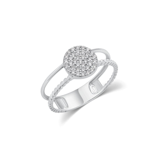 Rhodium Plated 925 Sterling Silver Moissanite Round Cluster Top Split Band Ring - MGMR00068