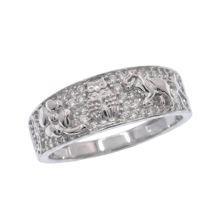 Rhodium Plated 925 Sterling Silver Moissanite Good Luck Charm Pavé Crystal Elephant, Horseshoe & Owl Band Ring - MGMR00069