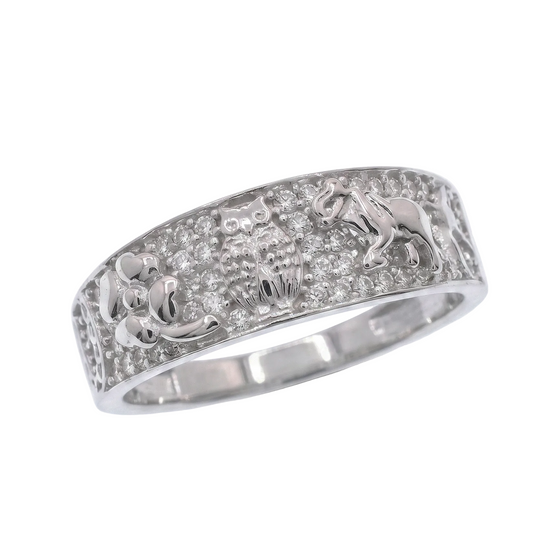 Rhodium Plated 925 Sterling Silver Moissanite Good Luck Charm Pavé Crystal Elephant, Horseshoe & Owl Band Ring - MGMR00069