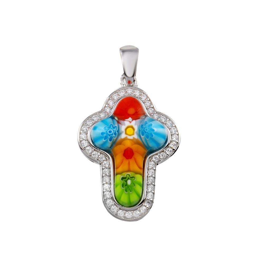 Sterling Silver 925 Rhodium Plated Multicolor Murano Glass Cross CZ Pendant - MP00001MUL | Silver Palace Inc.