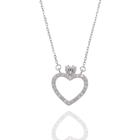 Rhodium Plated 925 Sterling Silver Moissanite Heart Crown 13.1mm x 15.2mm Pendant Adjustable Necklace - MPAN0003