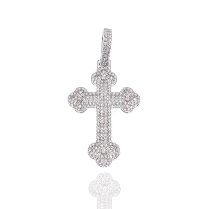 Rhodium Plated 925 Sterling Silver Moissanite Fleur-De-Lis Cross Encrusted 24.5mm x 37.6mm Pendant - MPAP0002