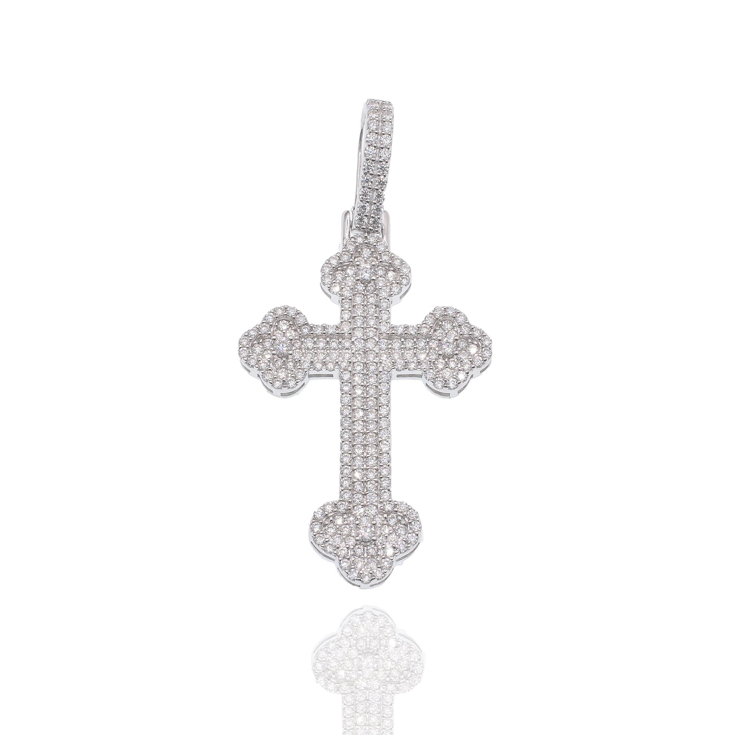 Rhodium Plated 925 Sterling Silver Moissanite Fleur-De-Lis Cross Encrusted 24.5mm x 37.6mm Pendant - MGMP00002