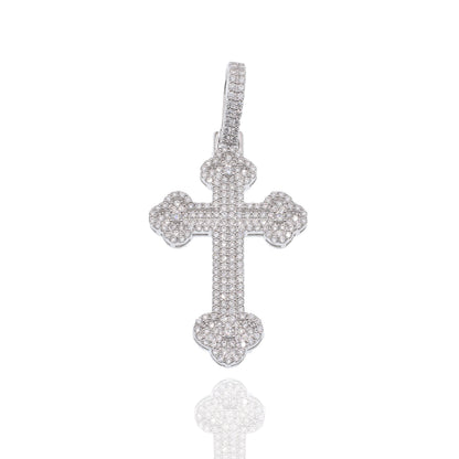 Rhodium Plated 925 Sterling Silver Moissanite Fleur-De-Lis Cross Encrusted 24.5mm x 37.6mm Pendant - MGMP00002
