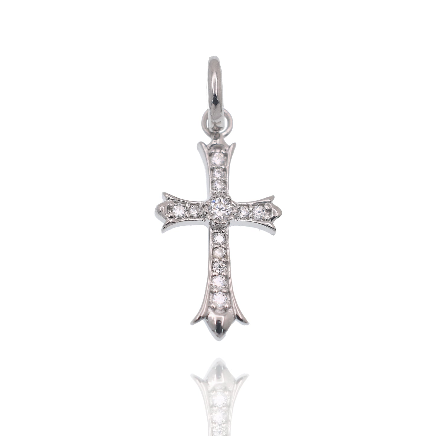 Rhodium Plated 925 Sterling Silver Moissanite Encrusted Fleur-De-Lis Cross 11mm x 18mm Pendant - MGMP00003
