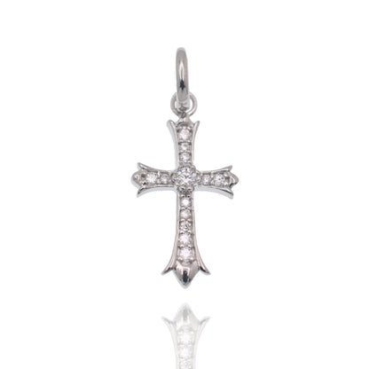 Rhodium Plated 925 Sterling Silver Moissanite Encrusted Fleur-De-Lis Cross 11mm x 18mm Pendant - MGMP00003