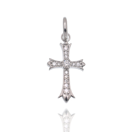 Rhodium Plated 925 Sterling Silver Moissanite Encrusted Fleur-De-Lis Cross 11mm x 18mm Pendant - MGMP00003