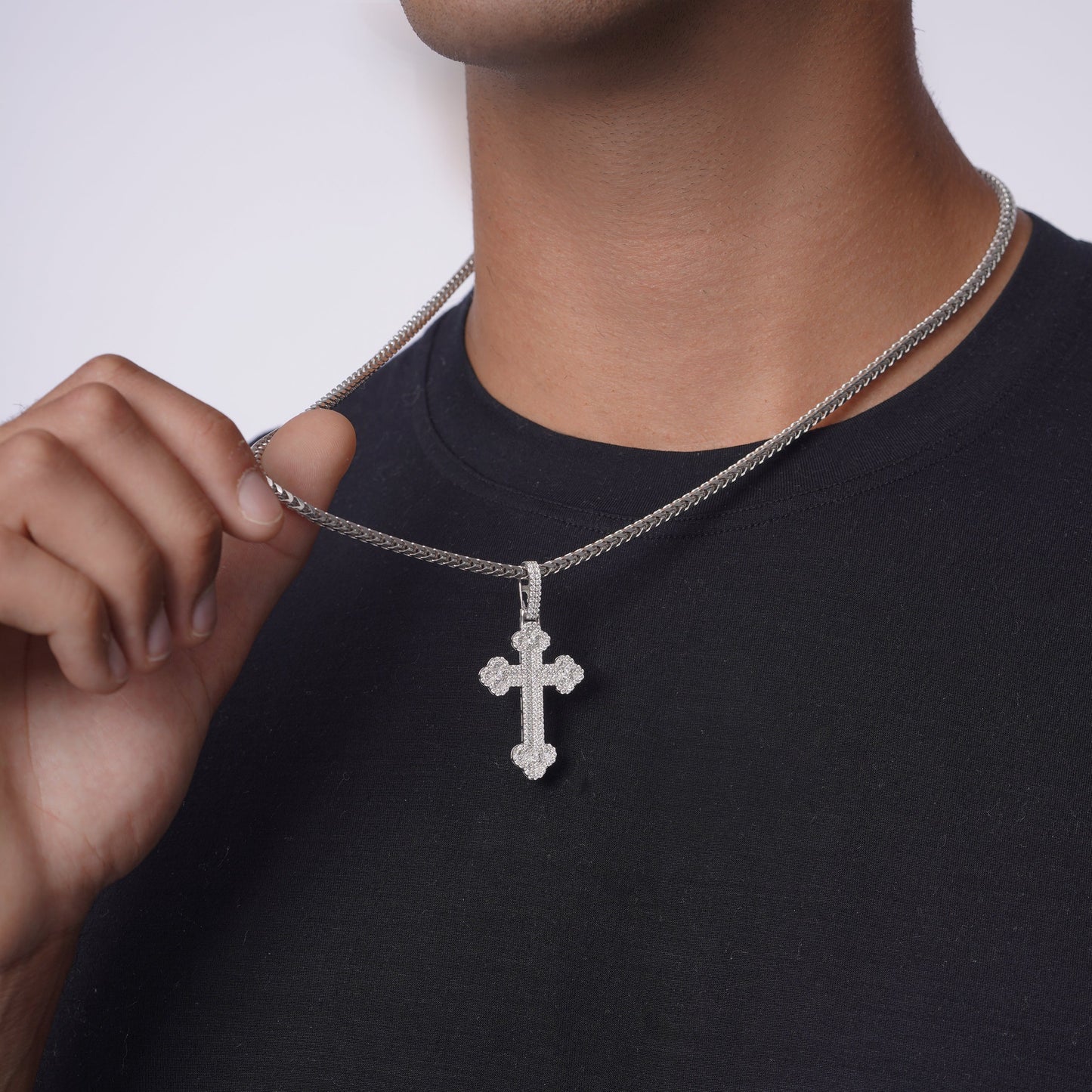 Rhodium Plated 925 Sterling Silver Moissanite Fleur-De-Lis Cross Encrusted 24.5mm x 37.6mm Pendant - MGMP00002