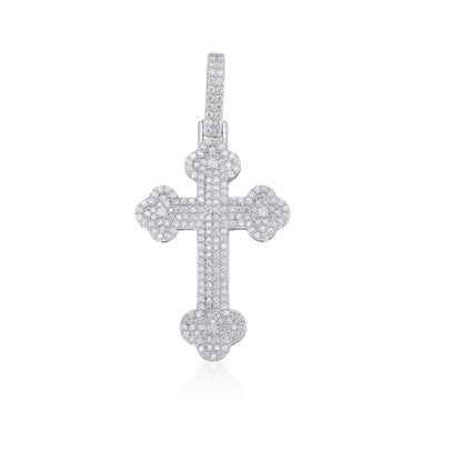 Rhodium Plated 925 Sterling Silver Moissanite Fleur-De-Lis Cross Encrusted 24.5mm x 37.6mm Pendant - MPAP0002