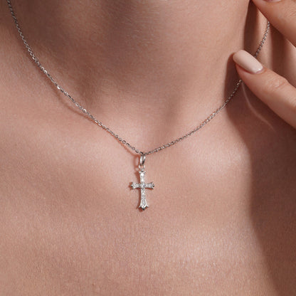 Rhodium Plated 925 Sterling Silver Moissanite Encrusted Fleur-De-Lis Cross 11mm x 18mm Pendant - MGMP00003