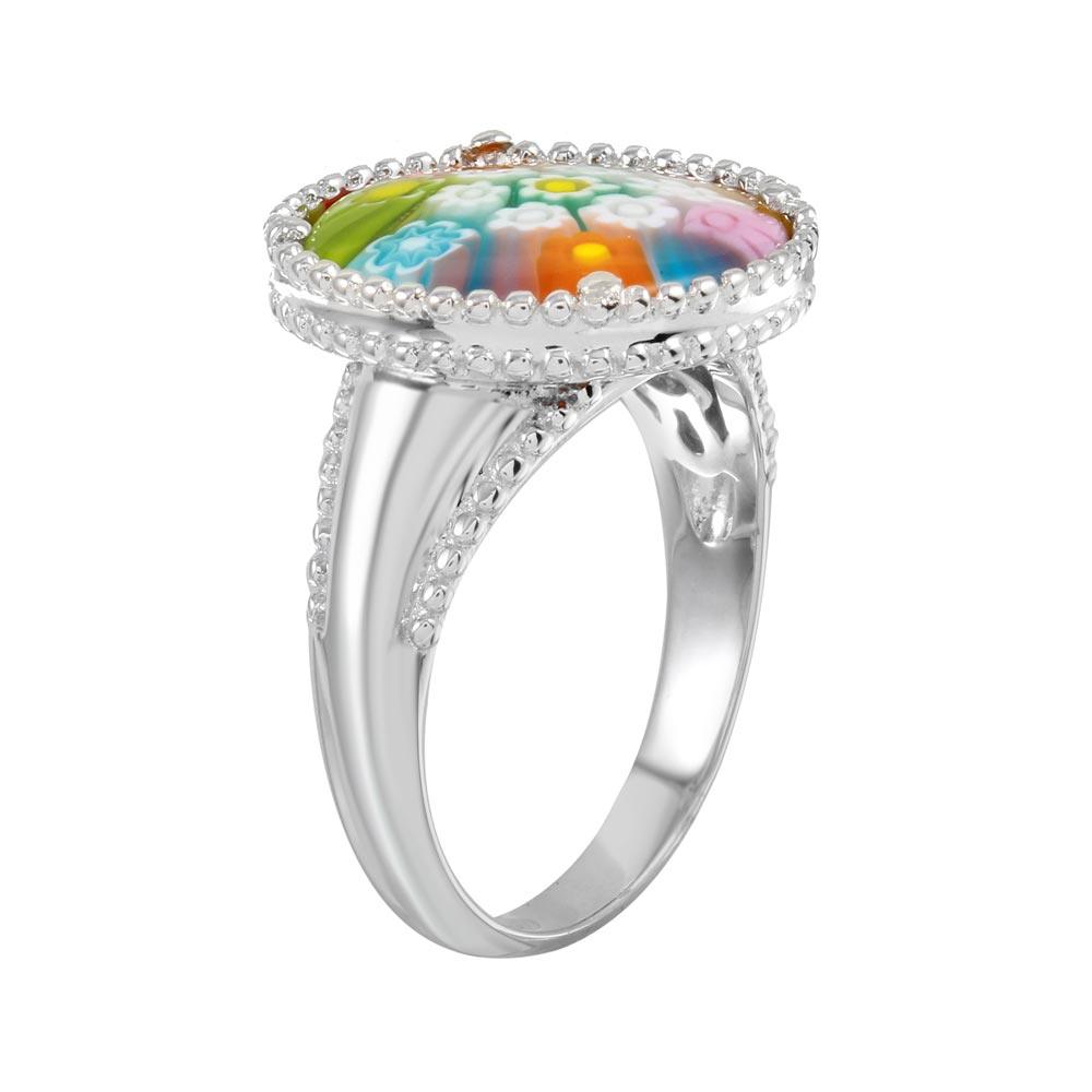 Rhodium Plated 925 Sterling Silver Murano Glass Beaded Design Ring - MR00002