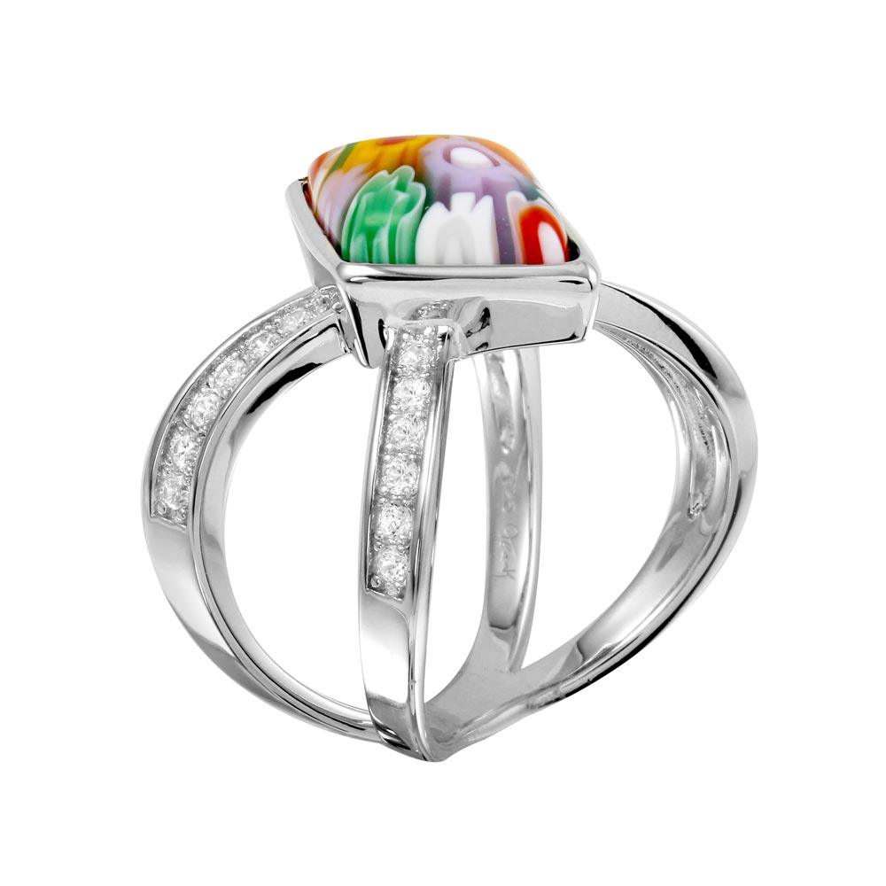Rhodium Plated 925 Sterling Silver Open Shank Diamond Shape Murano Glass CZ Ring - MR00004