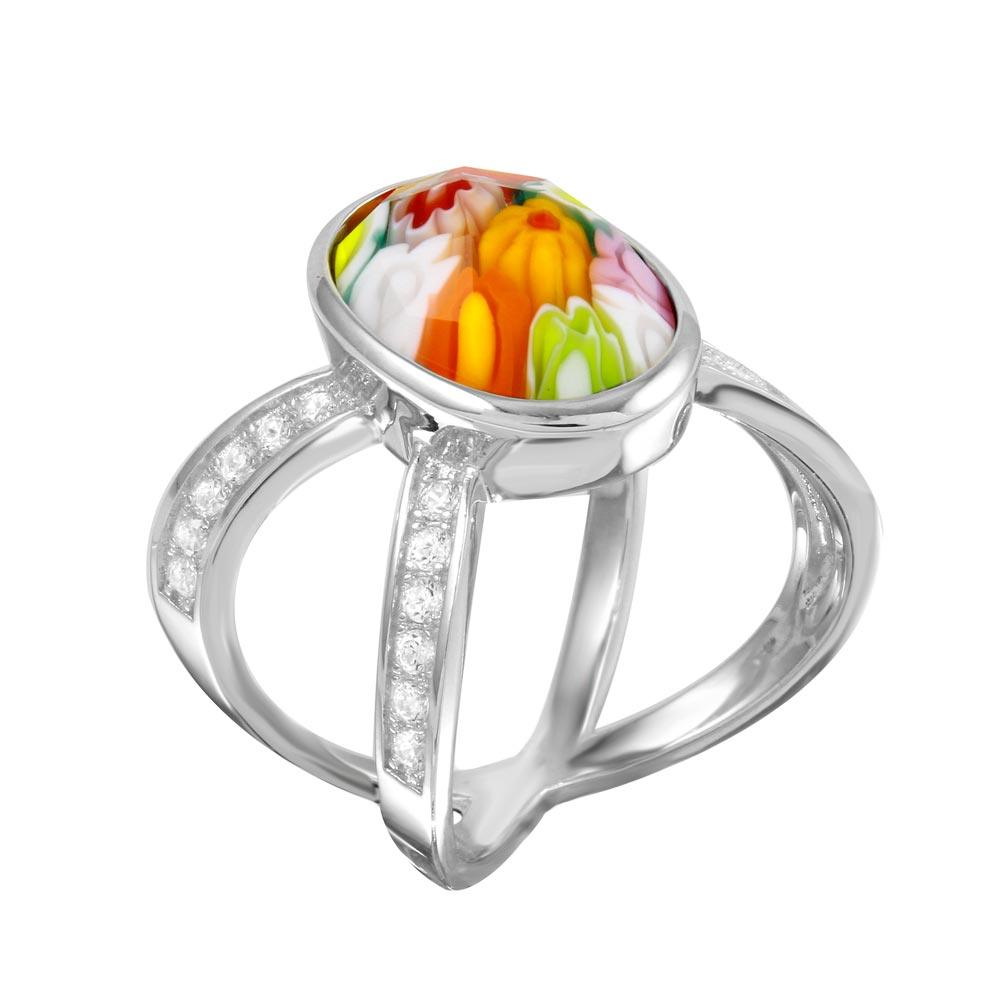 Rhodium Plated 925 Sterling Silver Open Shank Oval Shape Murano Glass CZ Ring - MR00006