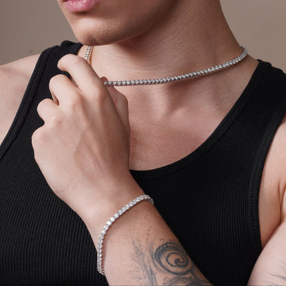 Rhodium Plated 925 Sterling Silver Moissanite Stone 4mm Tennis Necklace or Bracelet - MSLN00002 | MSLB00003