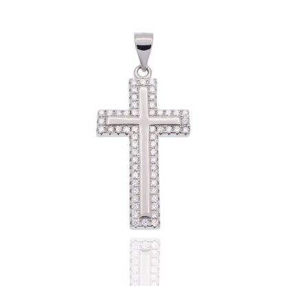 Rhodium Plated 925 Sterling Silver Moissanite 15mm x 23mm Border Cross Hip Hop Pendant - MSLP00096