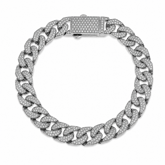 Rhodium Plated 925 Sterling Silver Moissanite Pave Flat Cuban Link 10mm Bracelet - MTGB00010
