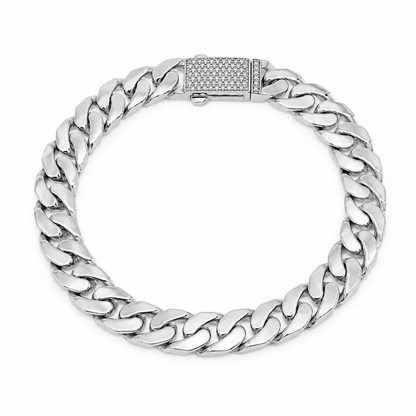 Rhodium Plated 925 Sterling Silver Moissanite on Lock Flat Cuban Link 10mm Bracelet - MTGB00011