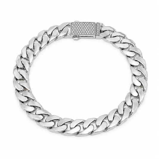 Rhodium Plated 925 Sterling Silver Moissanite on Lock Flat Cuban Link 10mm Bracelet - MTGB00011