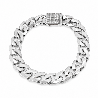 Rhodium Plated 925 Sterling Silver Moissanite on Lock Classic Cuban Link 12mm Bracelet - MTGB00012