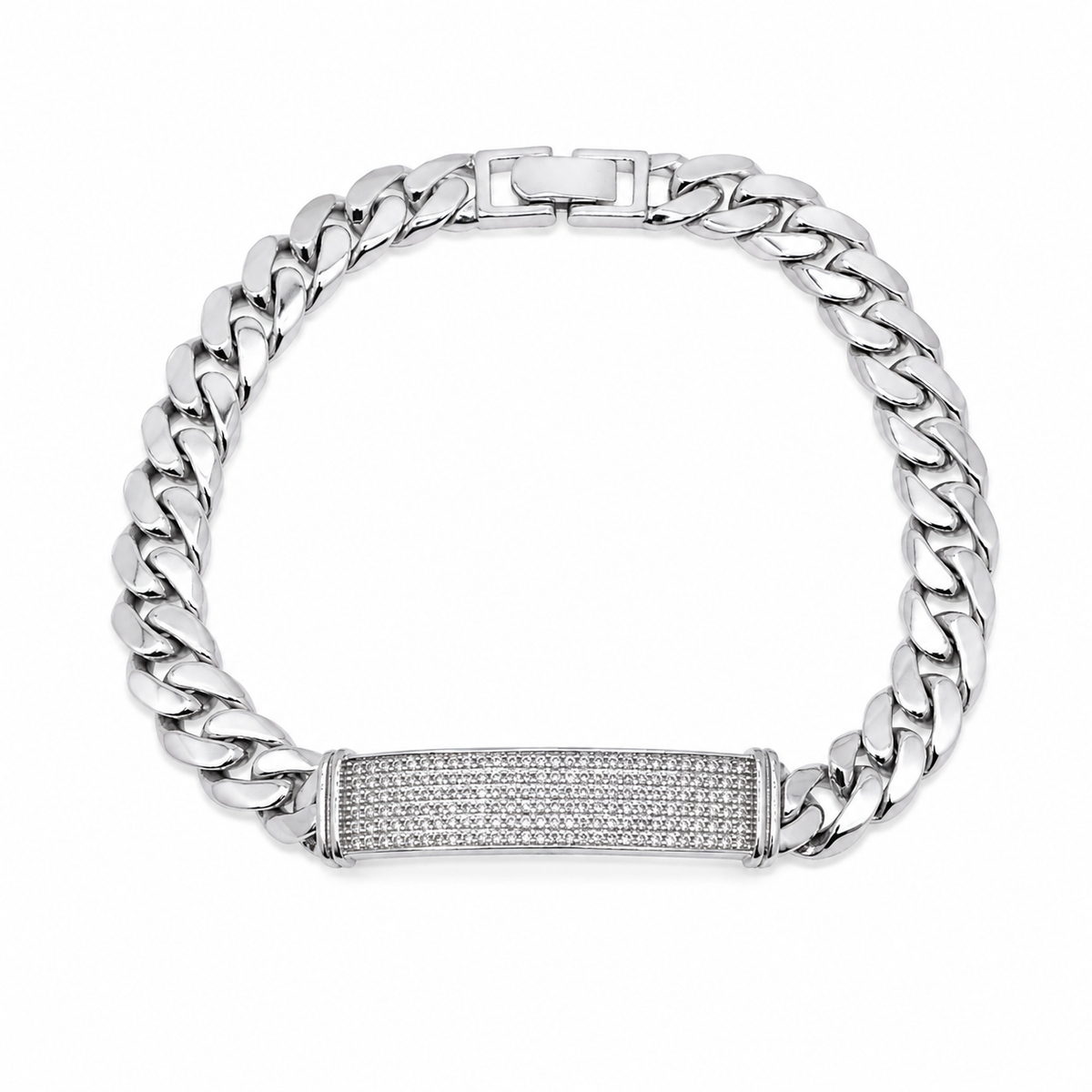 Rhodium Plated 925 Sterling Silver Moissanite Pave Bar Cuban Link 8mm Bracelet - MTGB00015