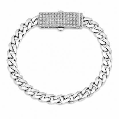 Rhodium Plated 925 Sterling Silver Moissanite Pave Bar Lock Cuban Link 8mm Bracelet - MTGB00016