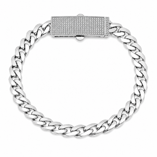 Rhodium Plated 925 Sterling Silver Moissanite Pave Bar Lock Cuban Link 8mm Bracelet - MTGB00016