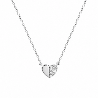 Rhodium Plated 925 Sterling Silver Moissanite Half Pavé Heart Pendant Adjustable Necklace - MTGN00016