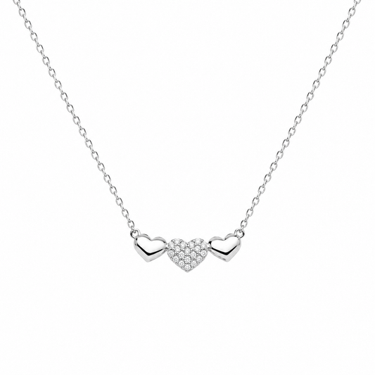 Rhodium Plated 925 Sterling Silver Moissanite Triple Heart Pave Necklace - MTGN00017