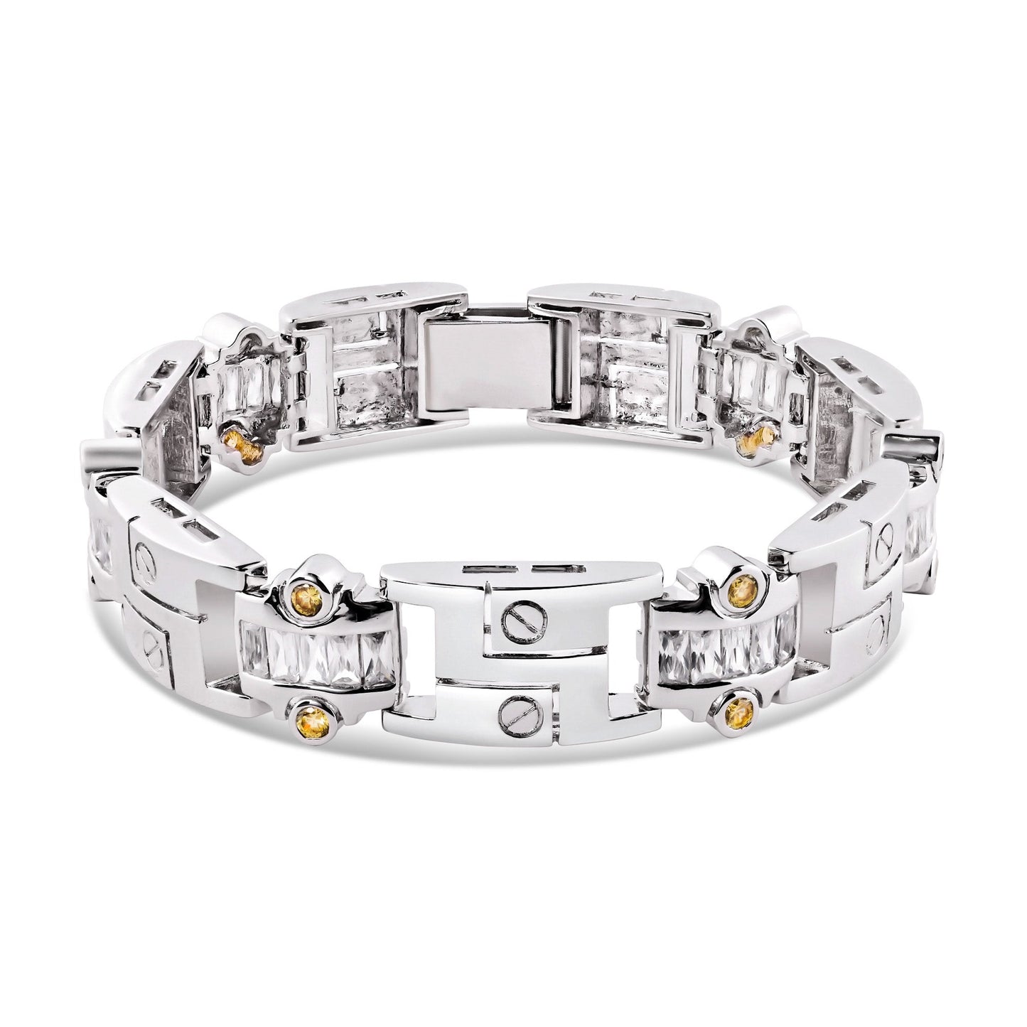 Men's Rhodium Plated 925 Sterling Silver Link Clear YLW CZ Bracelet - STBM0004