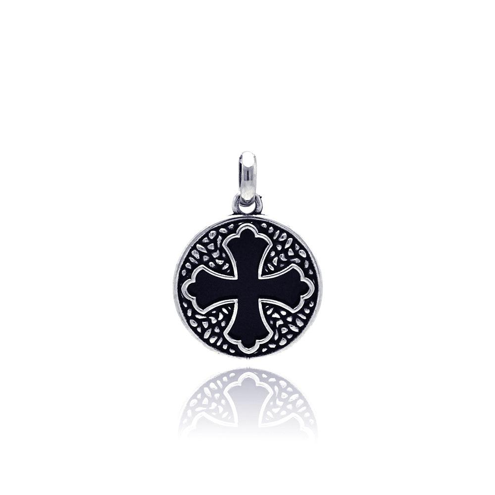 Silver 925 Oxidized Disc Black Stone Cross Patonce Pendant - OXP00002 | Silver Palace Inc.