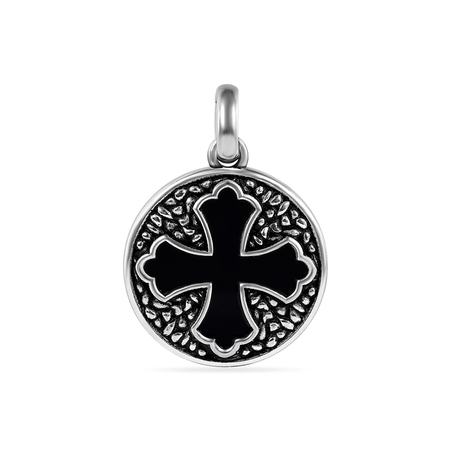 Oxidized 925 Sterling Silver Disc Black Stone Cross Patonce Pendant - OXP00002