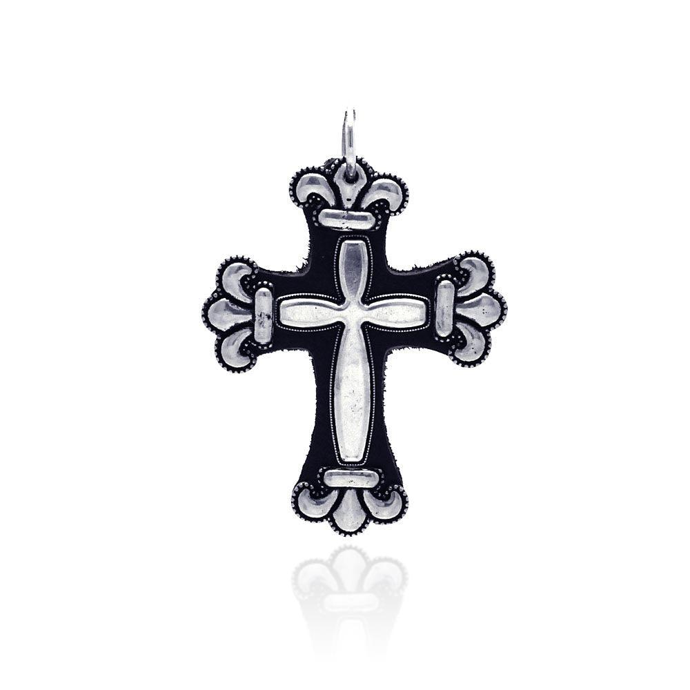 Silver 925 Fleur-De-Lis Leather Framed Cross - OXP00013 | Silver Palace Inc.