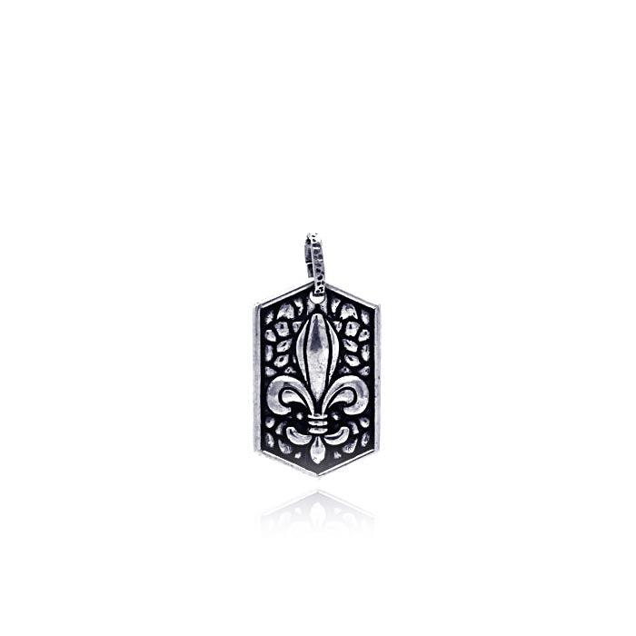 Silver 925 Oxidized Textured Fleur De Lis Dogtag Pendant - OXP00033 | Silver Palace Inc.