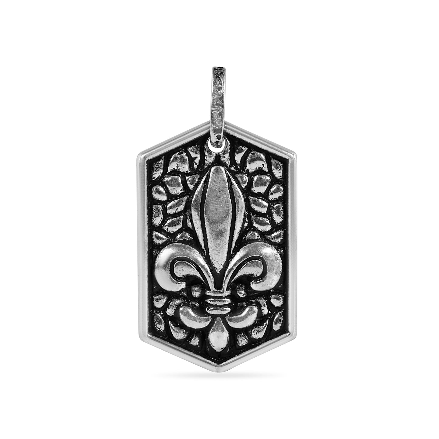 Oxidized 925 Sterling Silver Textured Fleur De Lis Dogtag Pendant - OXP00033