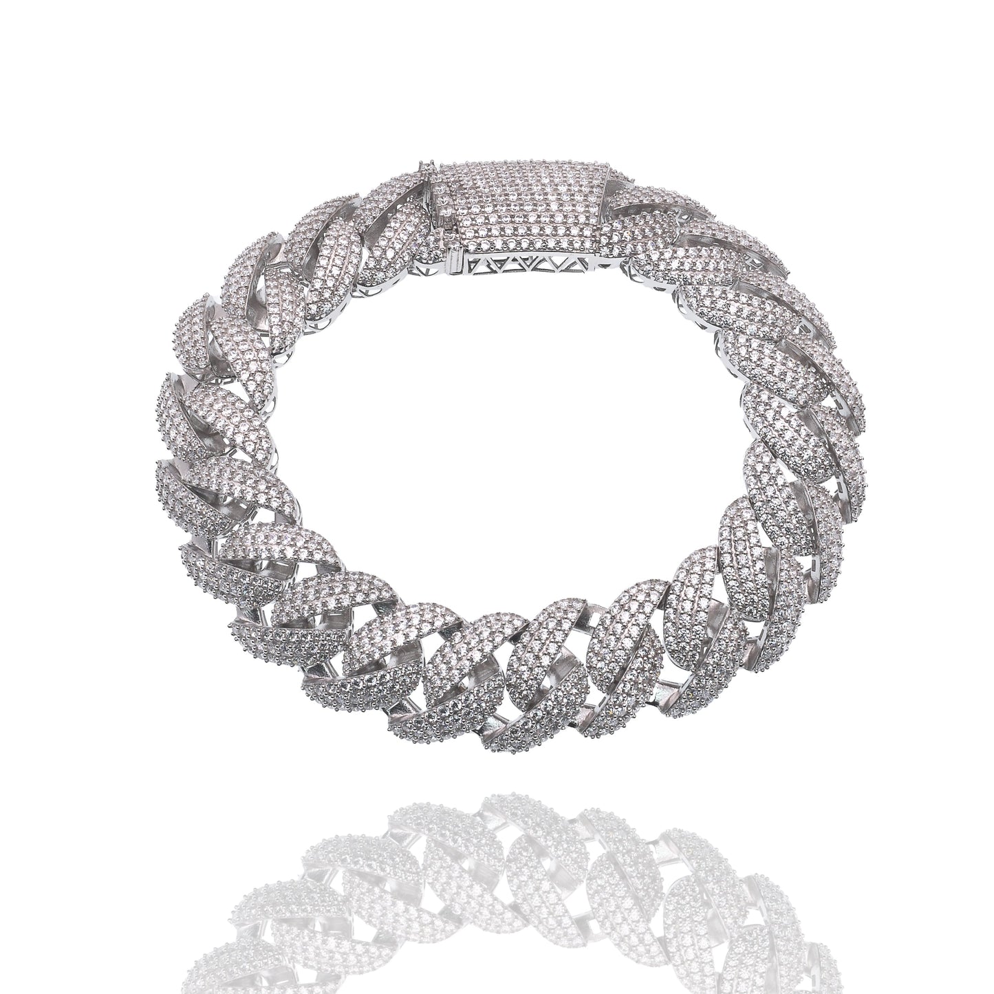 Rhodium Plated 925 Sterling Silver Pave Moissanite Iced Out Cuban Link 15mm Bracelet - MGMB00109