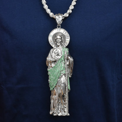 Rhodium Plated 925 Sterling Silver Saint Jude Clear Baguette and Green Round CZ 57.1mm x 177.8mm Pendant - GMP00191