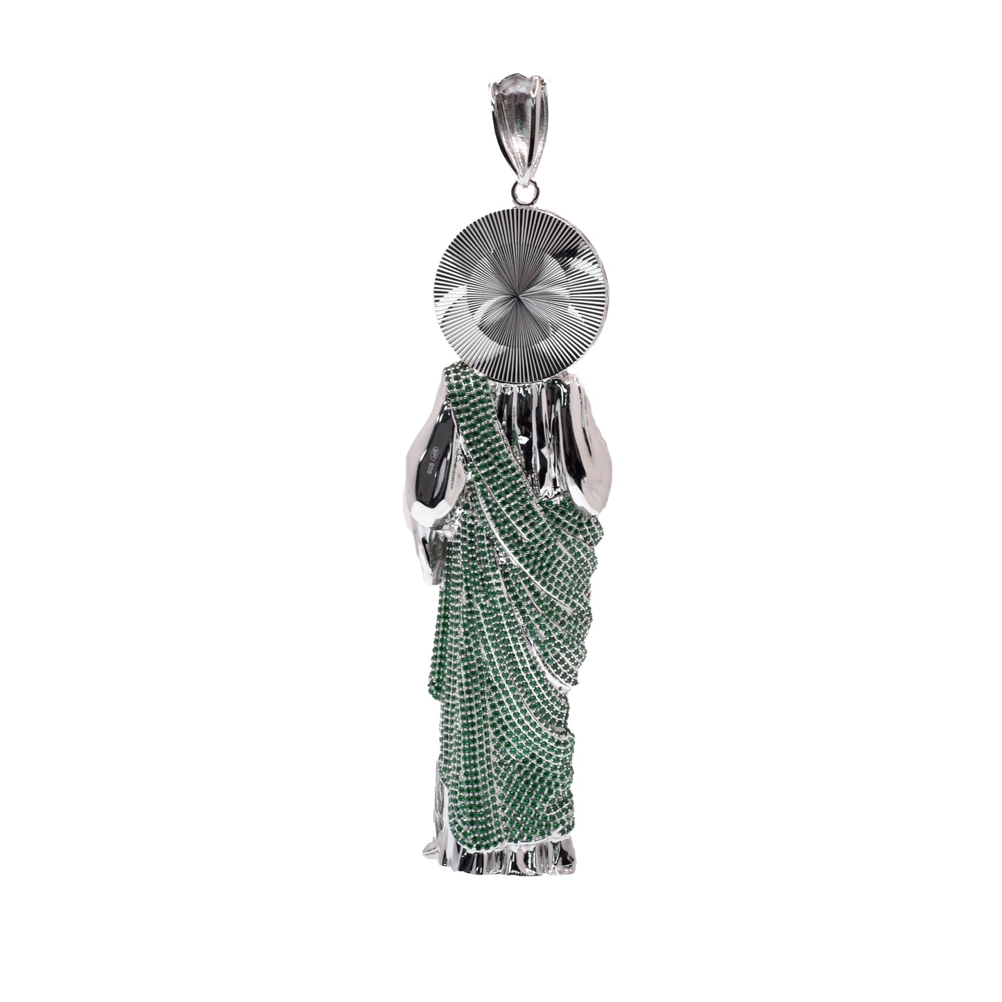 Rhodium Plated 925 Sterling Silver Saint Jude Clear Baguette and Green Round CZ 39mm x 102mm Pendant - GMP00193
